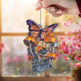 Butterfly Skull Acrylic Suncatcher, Stained Glass Style Window Hanging with Orange Mushrooms, Gothic Nature Boho Home Decor